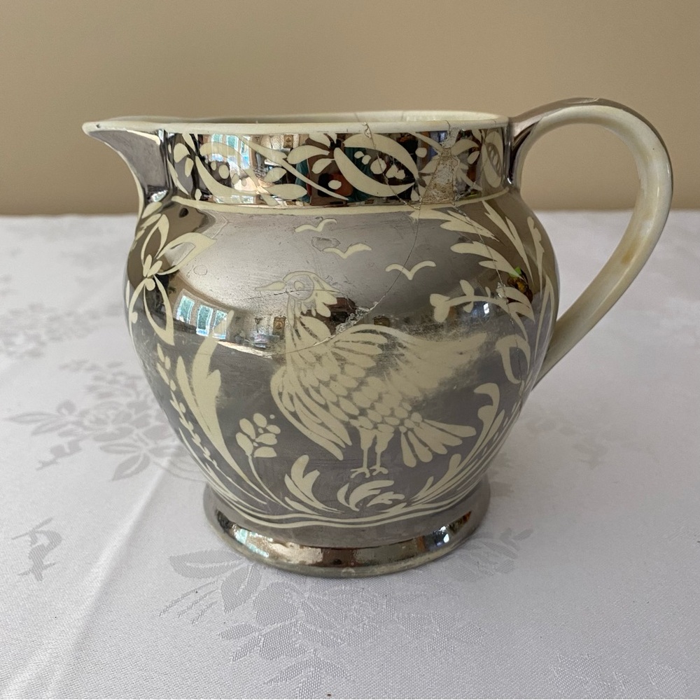 Antique Silver And White Luster Jug With Bird